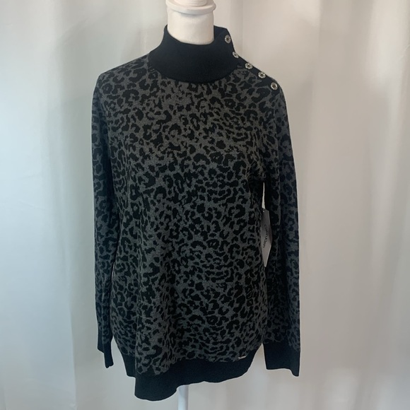 Calvin Klein Gray & Black Mock Neck Animal Print  Sweater w/ Silver Buttons- NWT - Picture 3 of 16